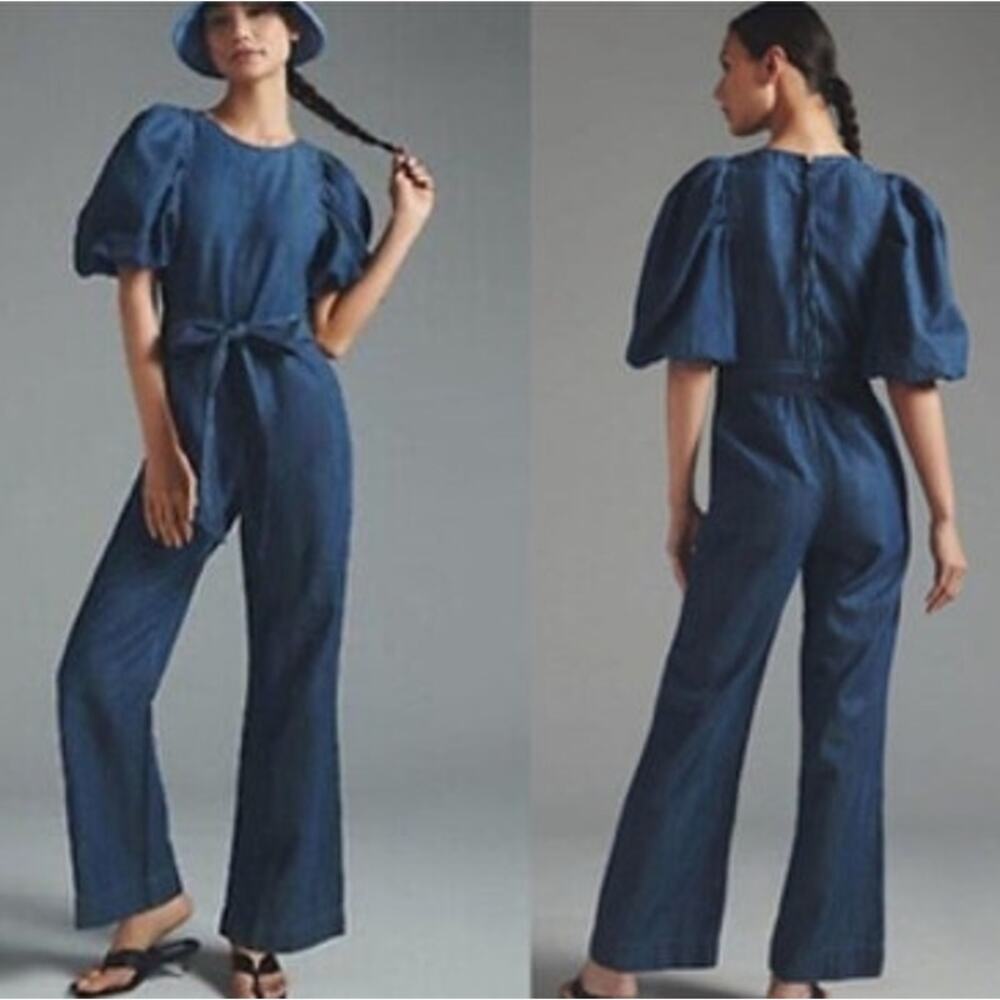 En Saison Puff Sleeve Belted Denim Wide Leg Jumpsuit Medium